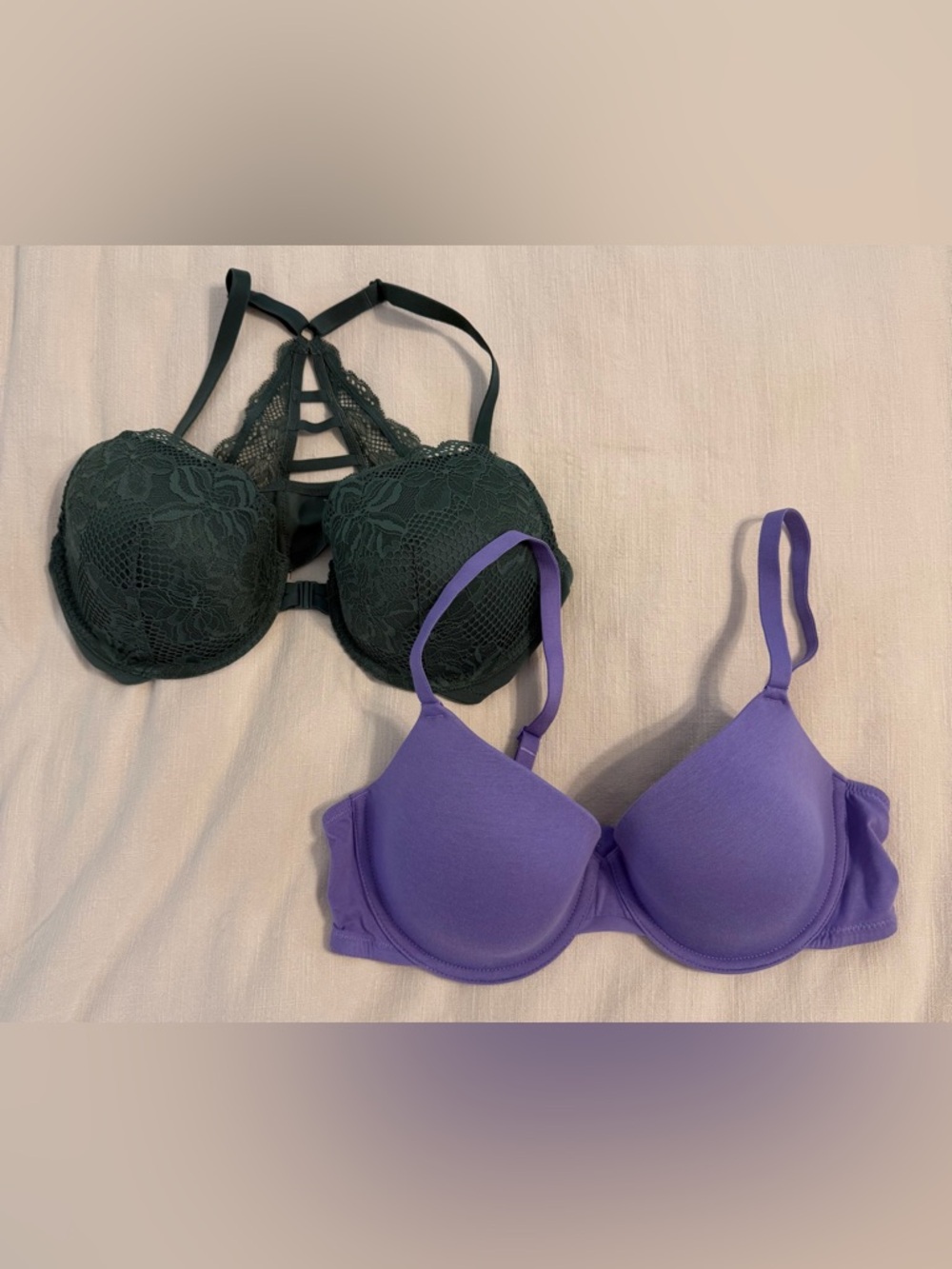 Auden Purple T-Shirt Bra and Dark Green Lace Bralette Bundle